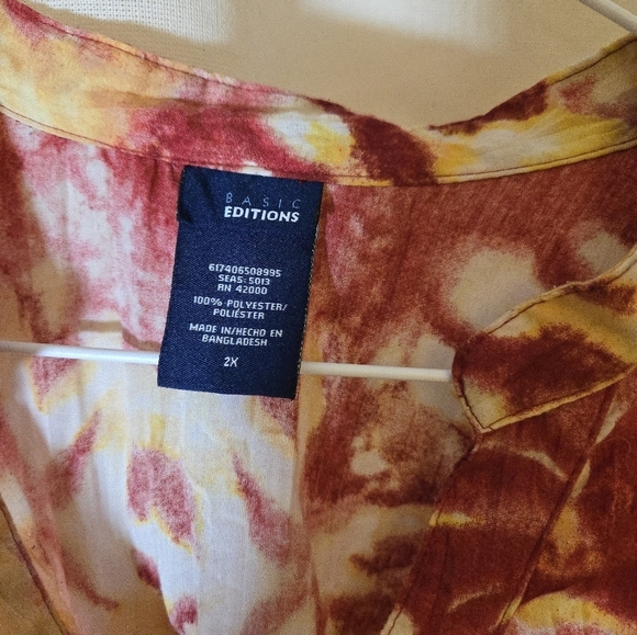 Basic Editions Red and Yellow Tie-Dye Button Down Shirt/Tunic - Picture 2 of 3